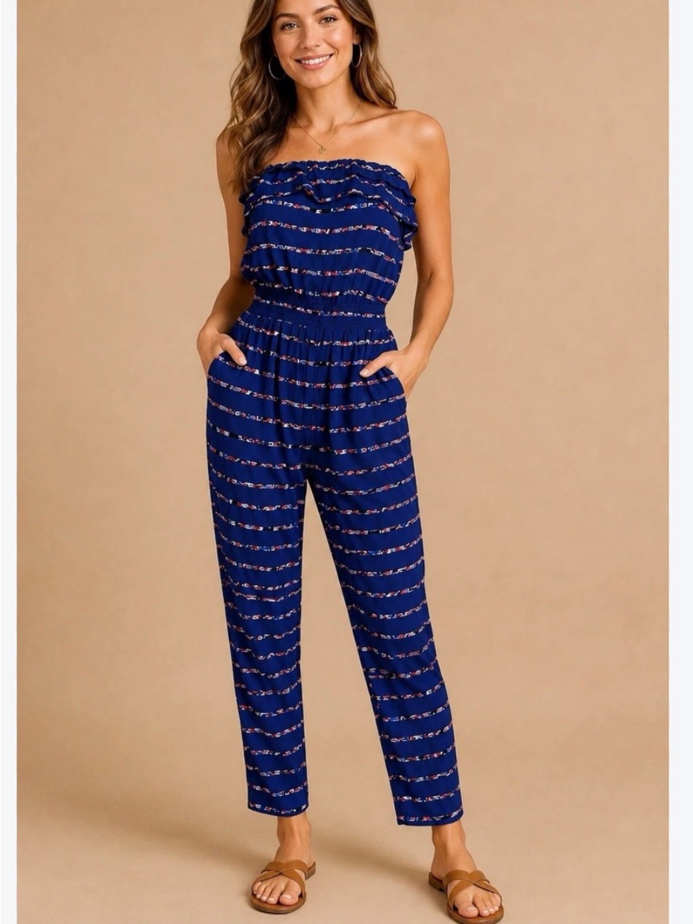 Xhilaration Navy Blue Strapless Printed Jumpsuit